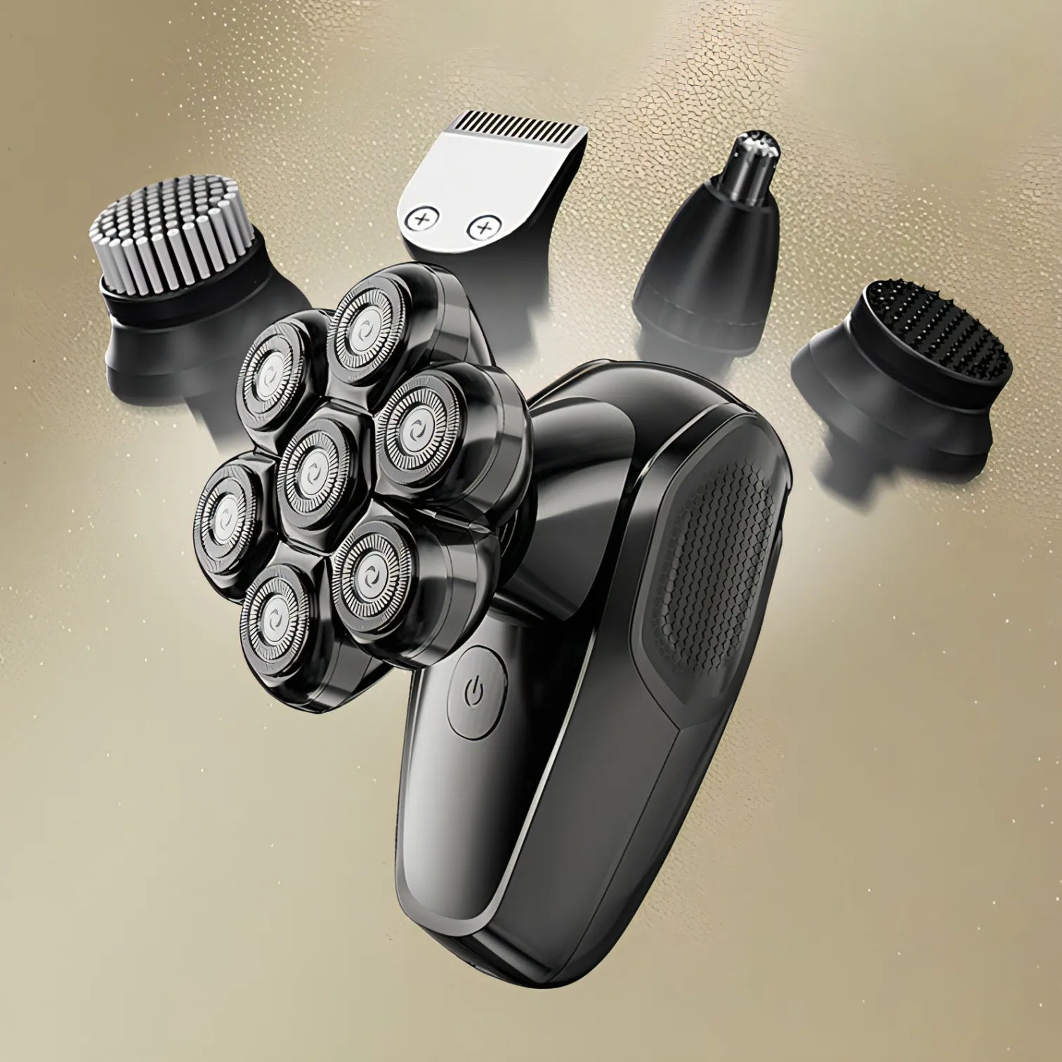 Multi-functional grooming Korons Shaver  with various attachments on a beige background