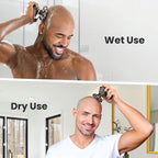 Two men using a Korons Head Shaver , one wet and one dry, with text labels.