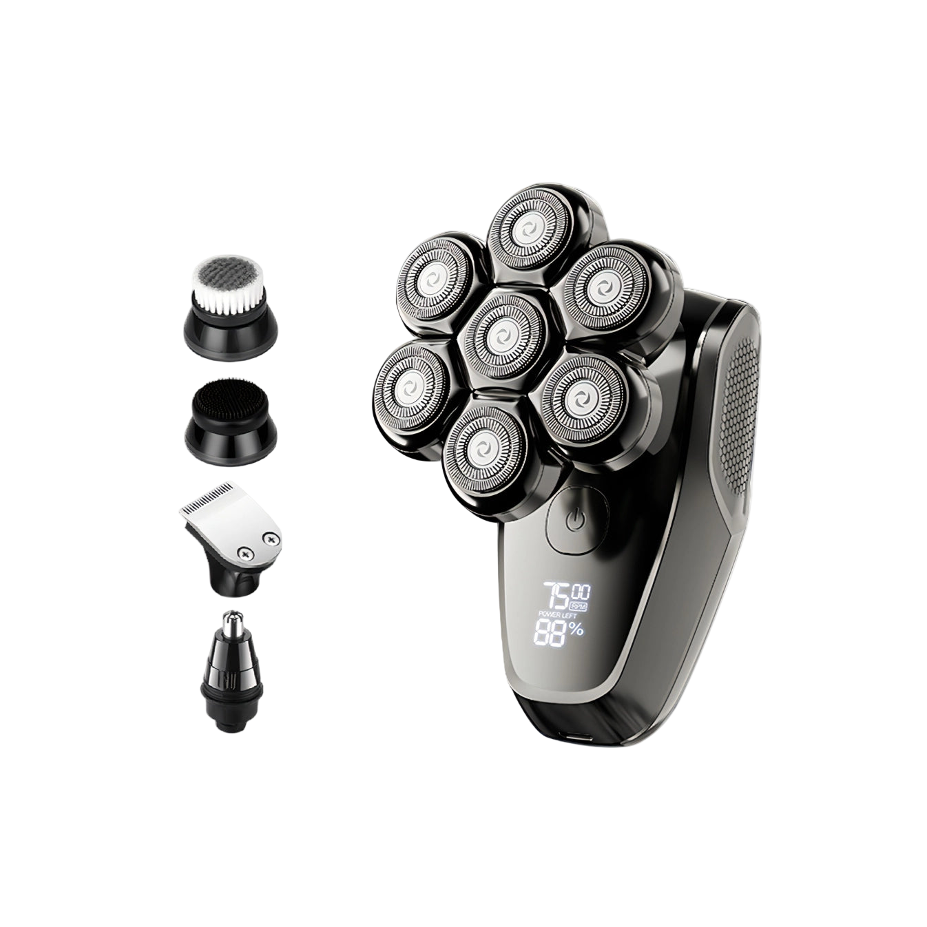 Korons Head Shaver with multiple attachments on a white background