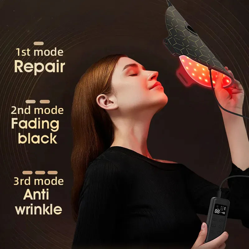 Person using a Korons LED Face Mask on their face with text indicating repair, fading black, and anti-wrinkle modes.