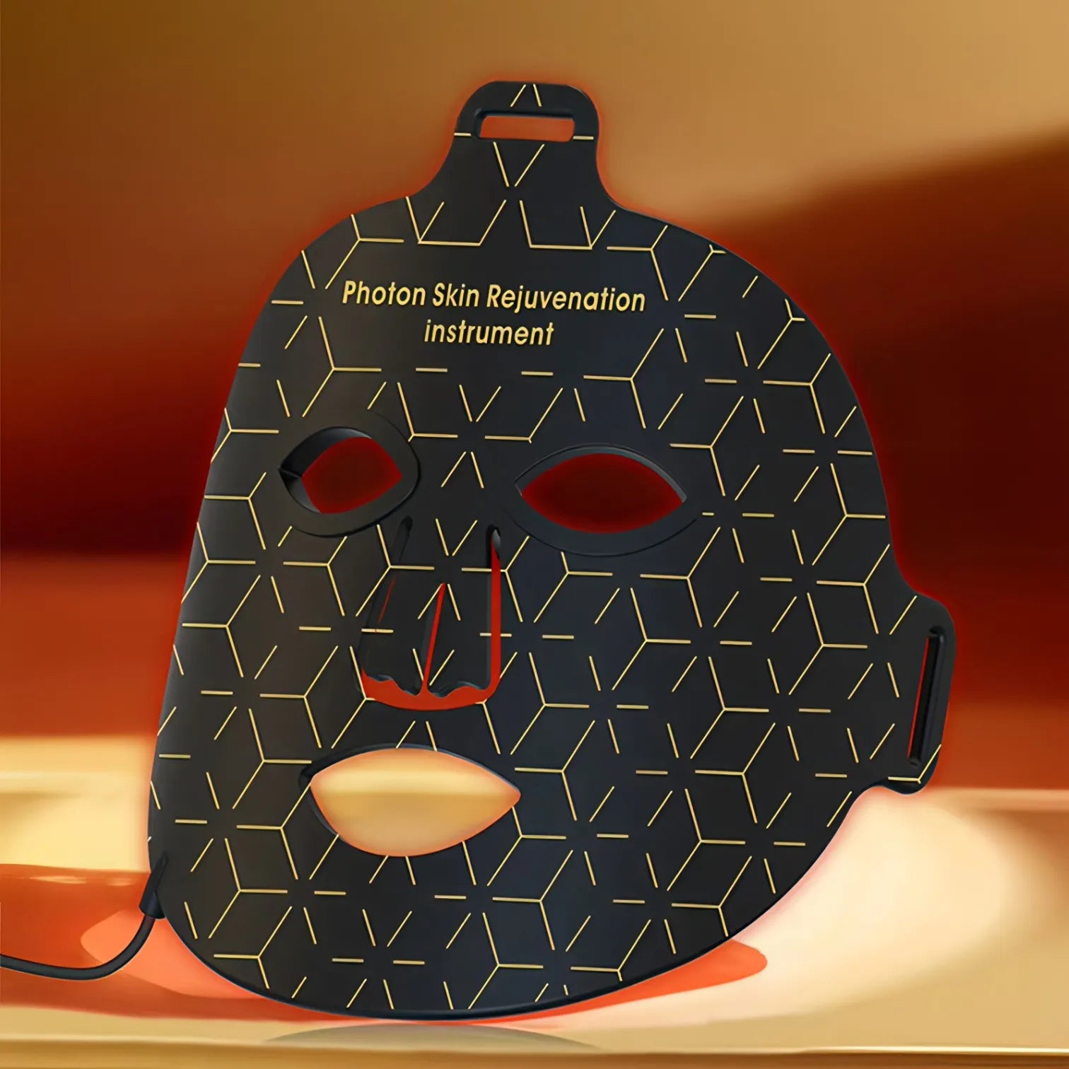 Korons LED Face Mask with geometric design on a warm background