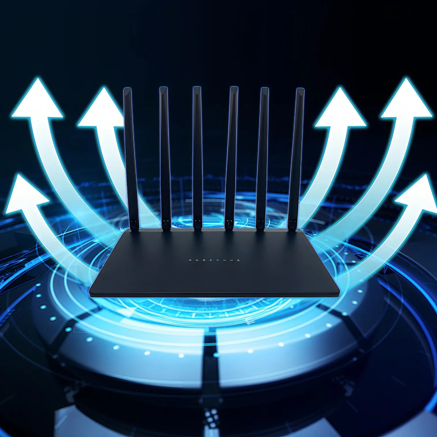 Korons WiFi Router with antennas on a dark background with blue light effects