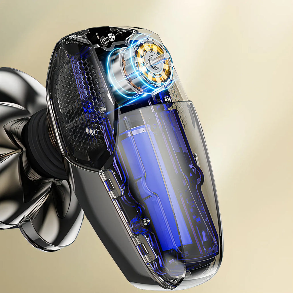 Close-up of a high-tech Korons Head Shaver  with blue and silver components on a beige background