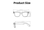 Technical drawing of a pair of Korons Smart Glasses with dimensions on a white background