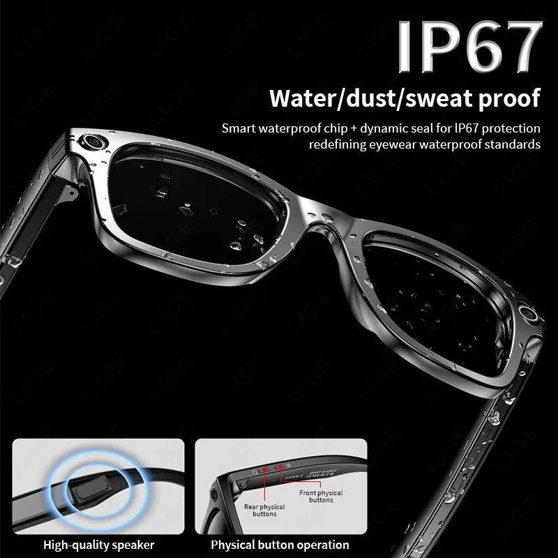 Waterproof Korons Smart Glasses with text highlighting IP67 protection on a black background