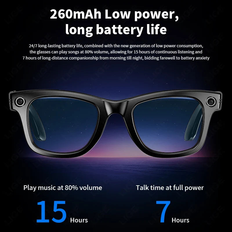 Korons Smart Glasses with battery life information on a dark background