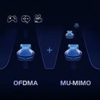 Diagram comparing OFDMA and MU-MIMO with gaming and communication icons on a dark background.
