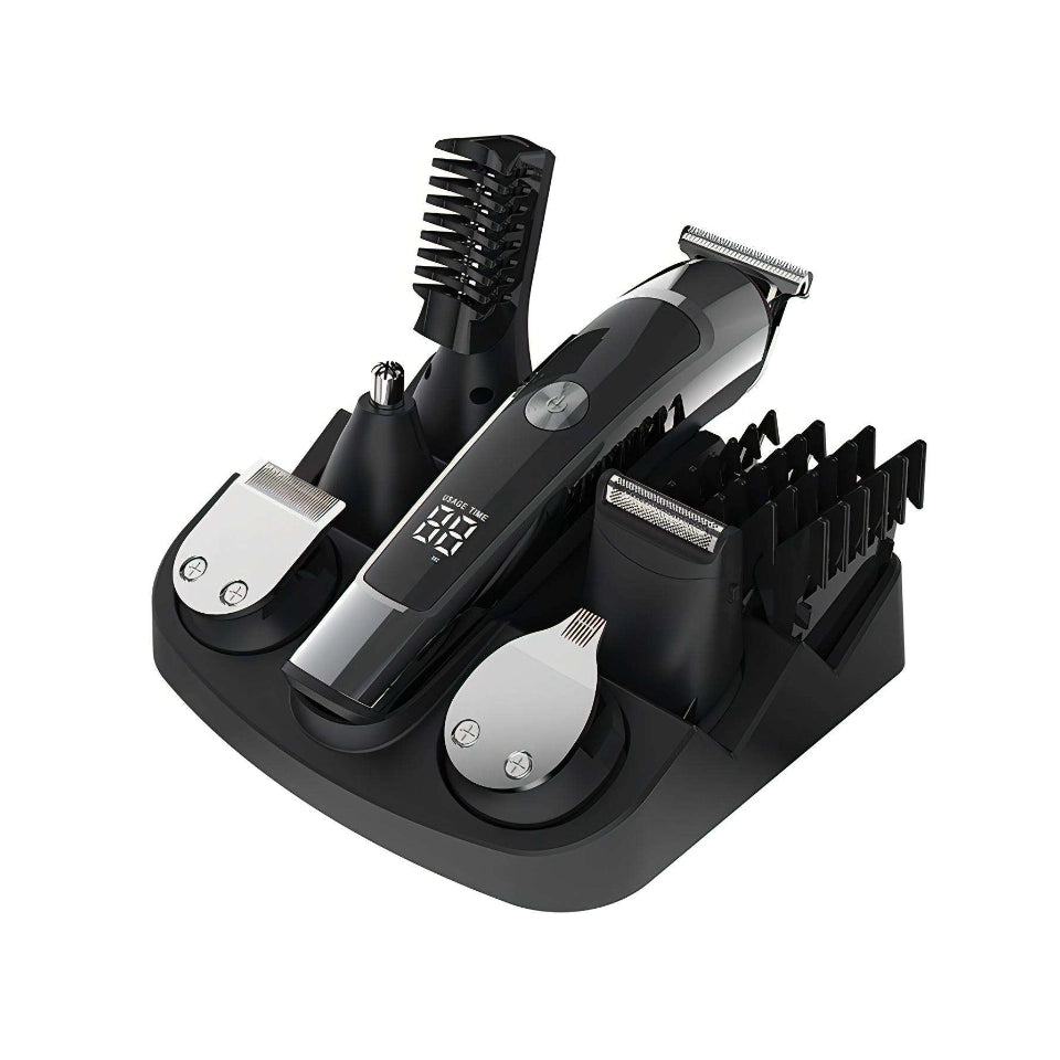 Set of grooming tools including a Kozenix Hair Clipper, trimmer, and comb on a white background