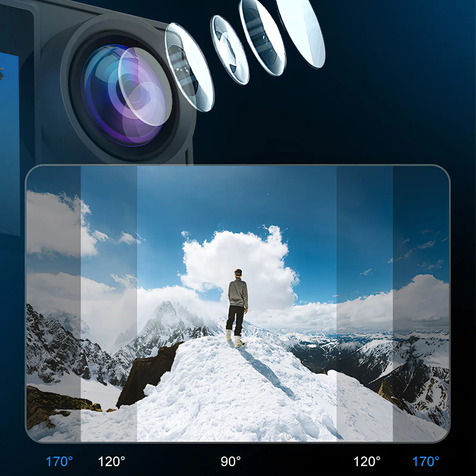 Kozenix Action Camera lens with a view of a person on a snowy mountain peak, surrounded by clouds.