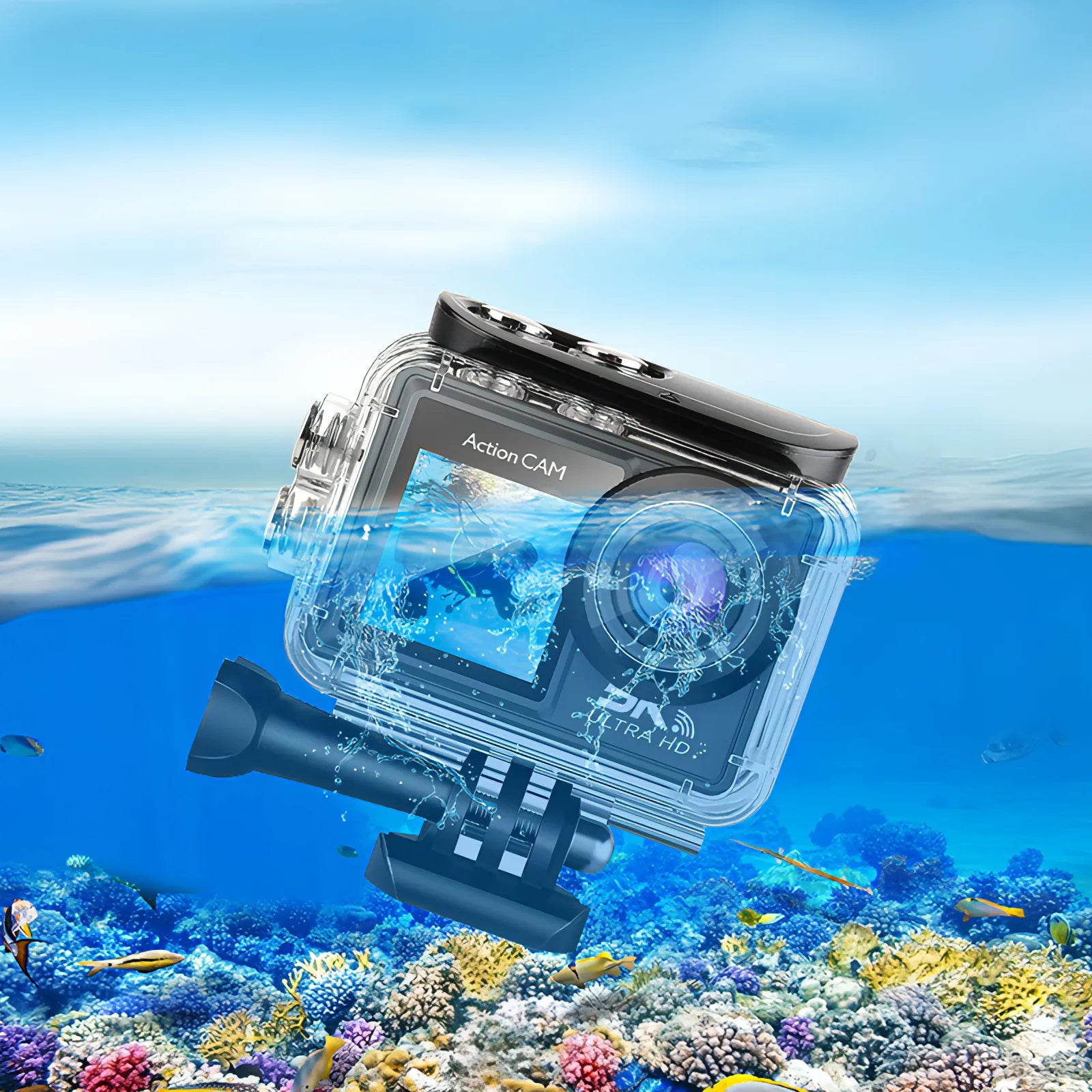 Kozenix Action Camera with underwater housing on a coral reef background
