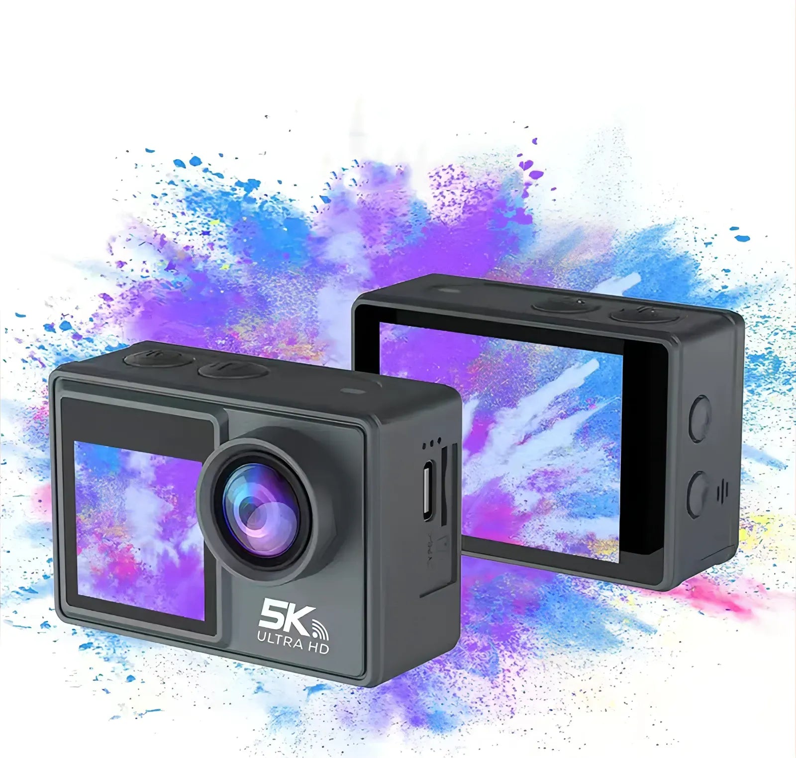 Kozenix Action Camera with screen and black housing on a colorful abstract background