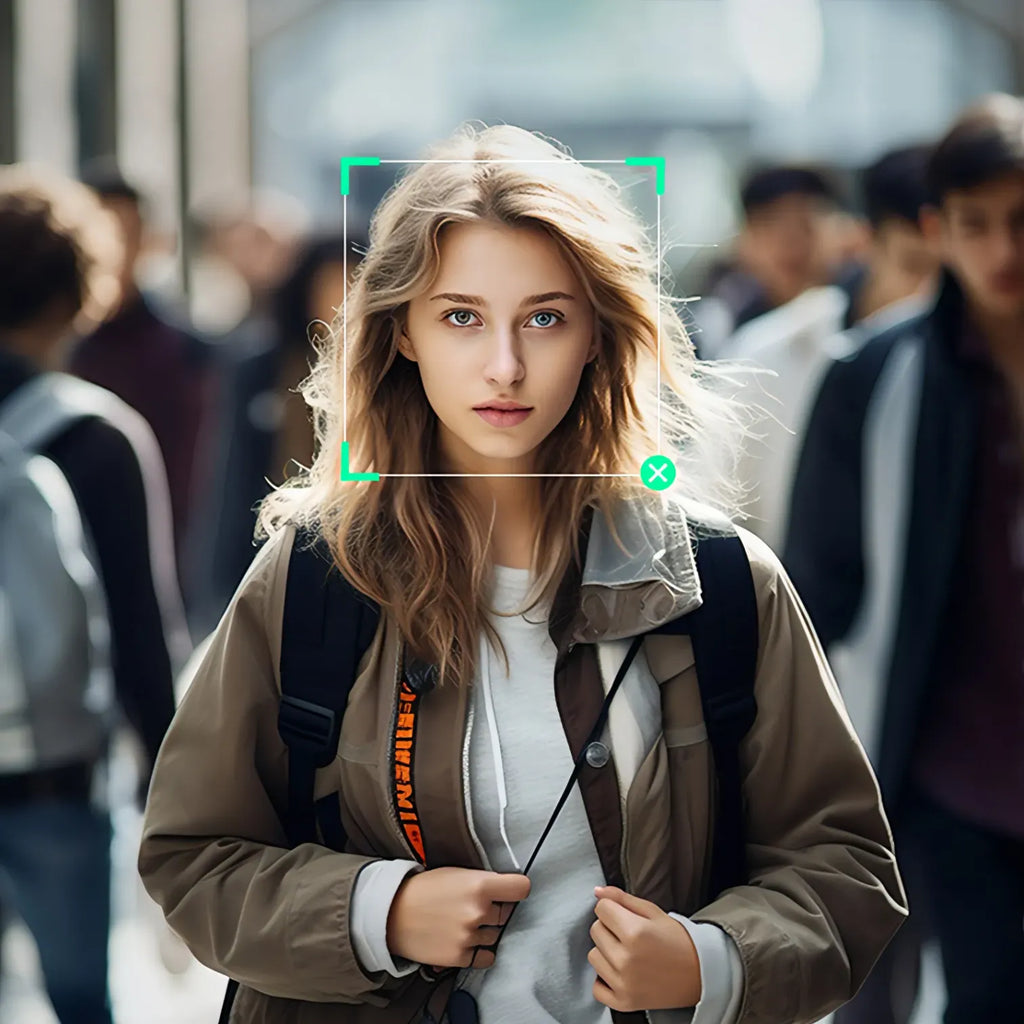 Person with a face recognition overlay in a crowd