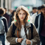 Person with a face recognition overlay in a crowd