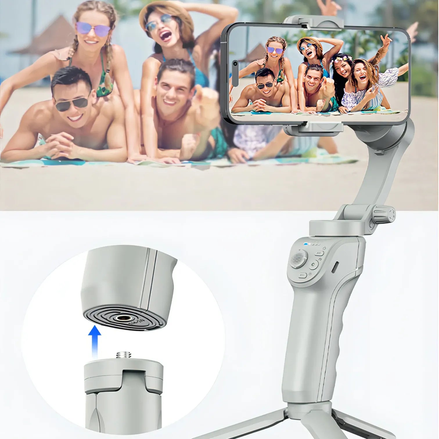 Smartphone held by a Kozenix Gimbal with a photo of people on the screen, set against a background of people by a pool.