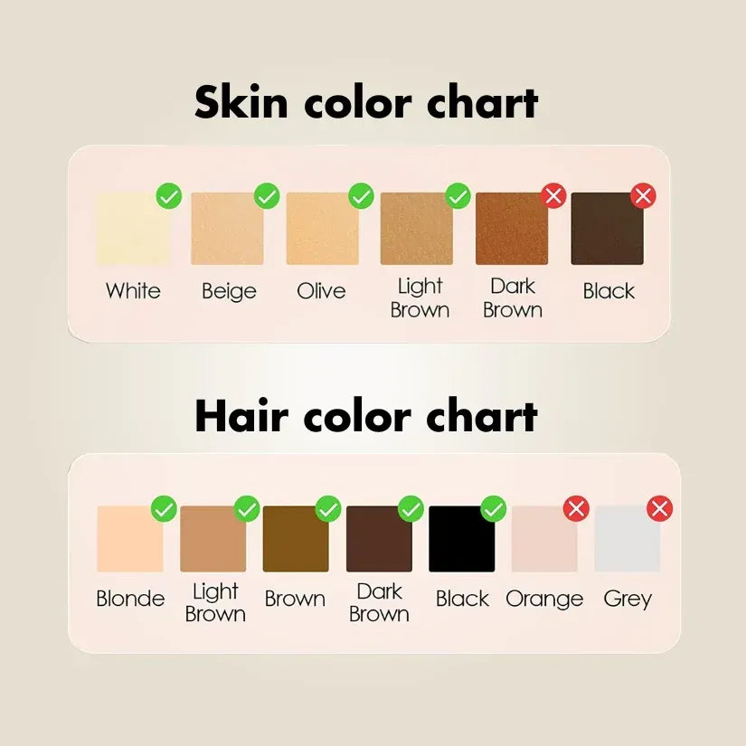 Color charts for skin and hair with color swatches and checkboxes.