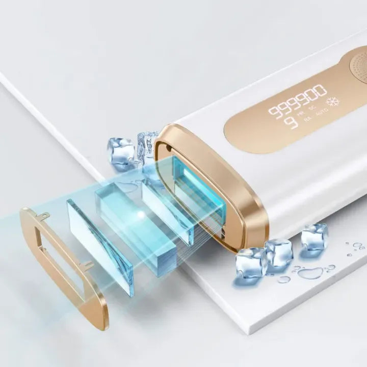 Gold and white Kozenix IPL Hair Removal AS20 device with digital display on a light gray background