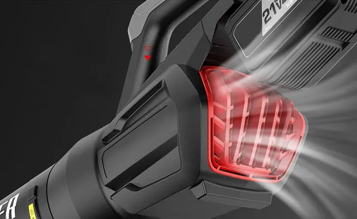 Close-up of a Kozenix Leaf Blower with a red light on a black background