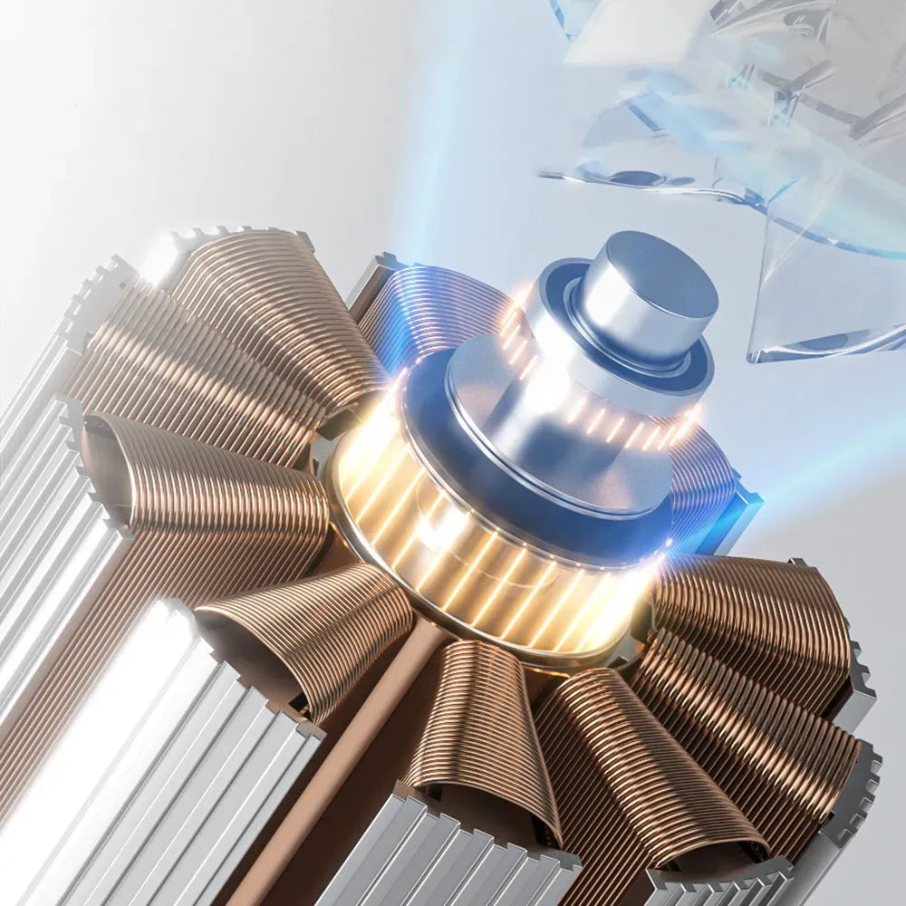 Close-up of a metallic turbine rotor of Kozenix Leaf Blower with a white background