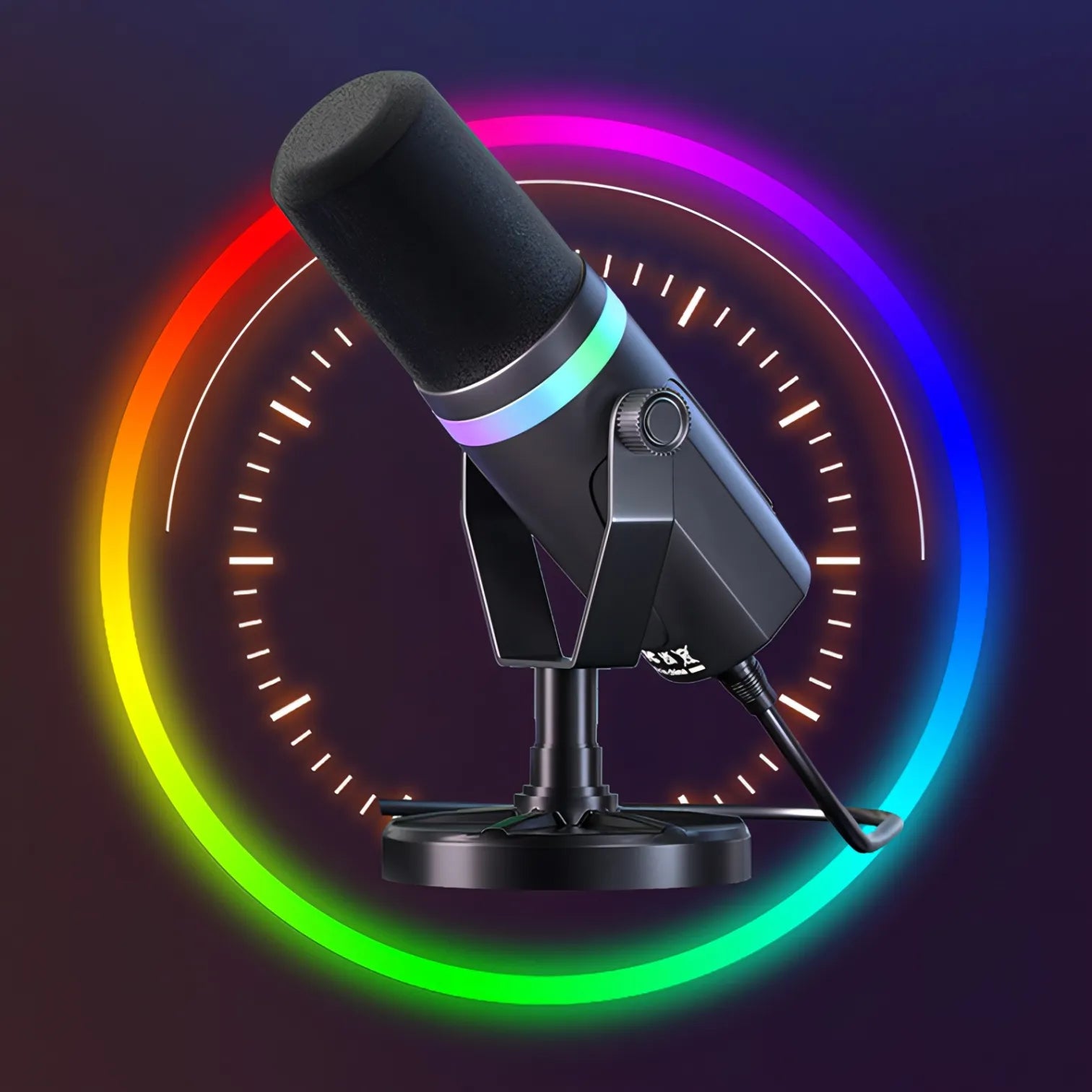Black kozenix Microphone on a stand with a colorful circular light effect on a dark background