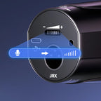 Close-up of a black kozenix Microphone device with control buttons on a dark blue background