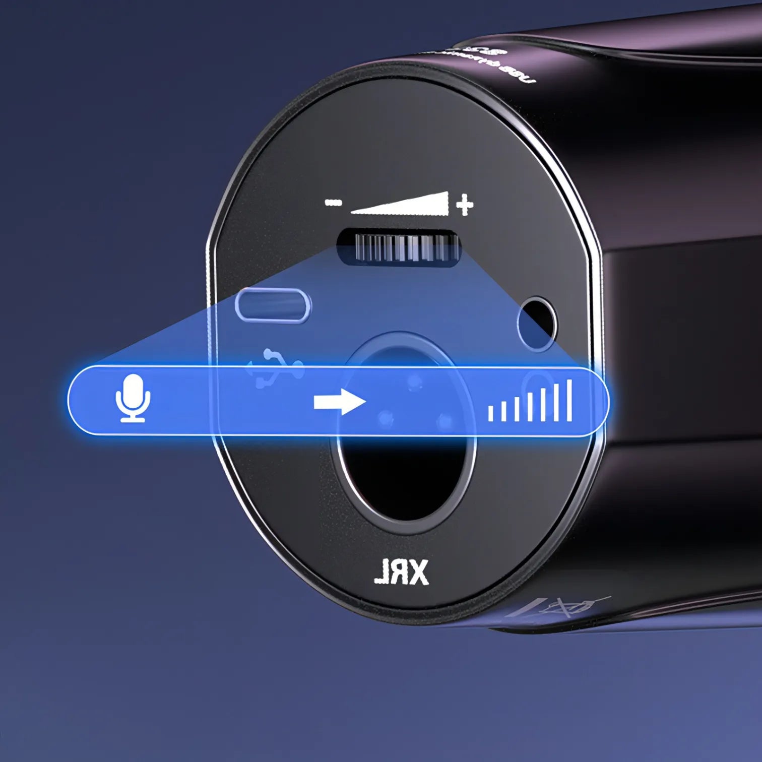 Close-up of a black kozenix Microphone device with control buttons on a dark blue background