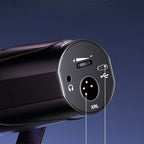 Close-up of a black kozenix Microphone device with labeled ports on a dark blue background