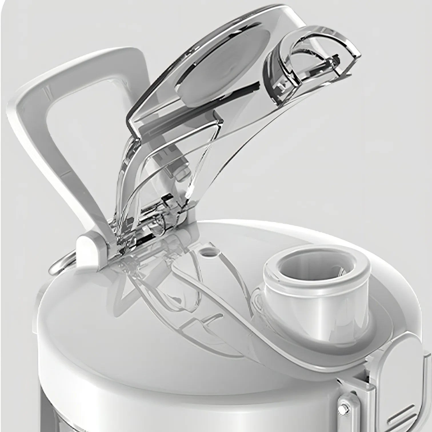 Close-up of a Kozenix Portable Blender dispenser with a clear lid on a light gray background