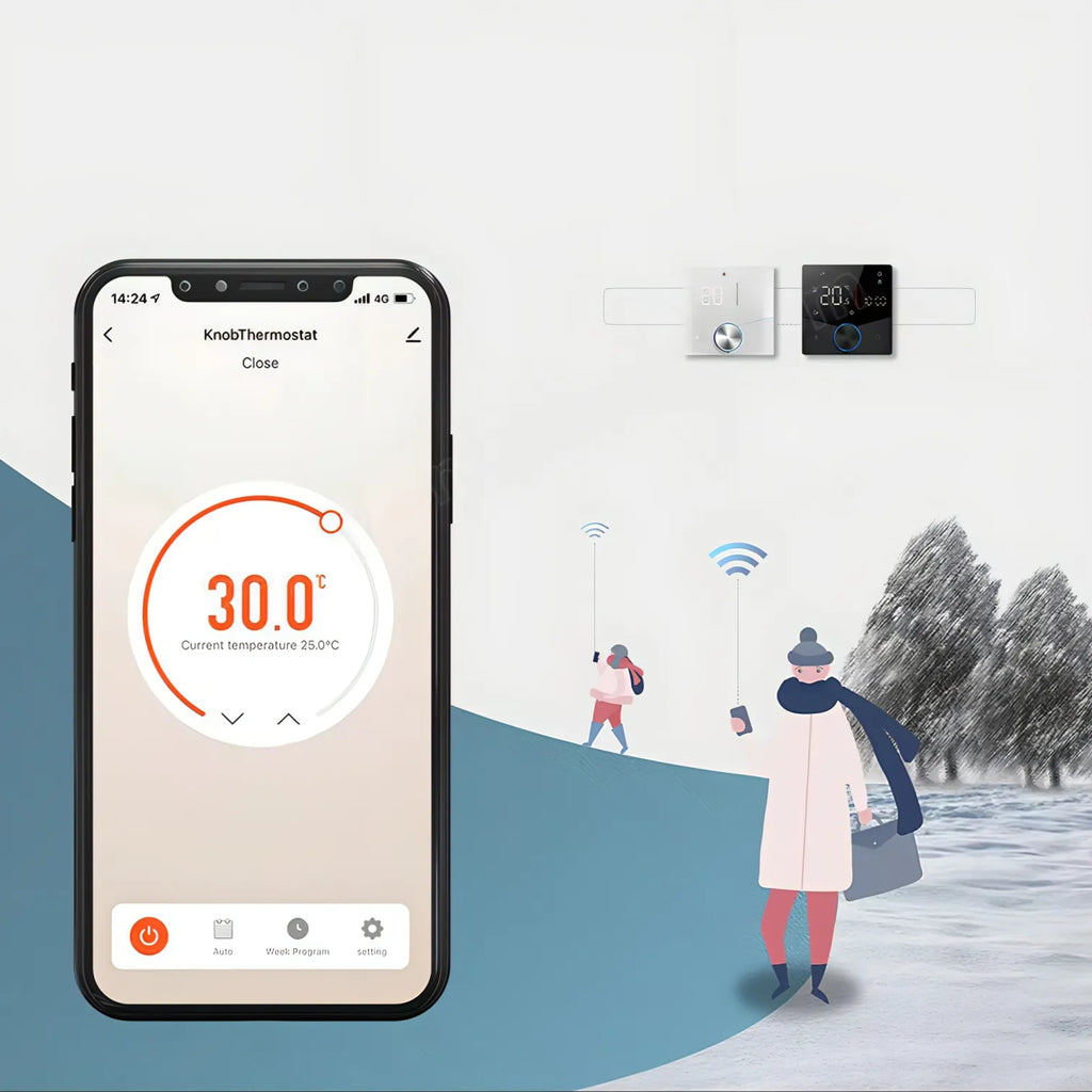 Kozenix Thermostat app on a smartphone with people walking in the background