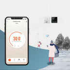 Kozenix Thermostat app on a smartphone with people walking in the background