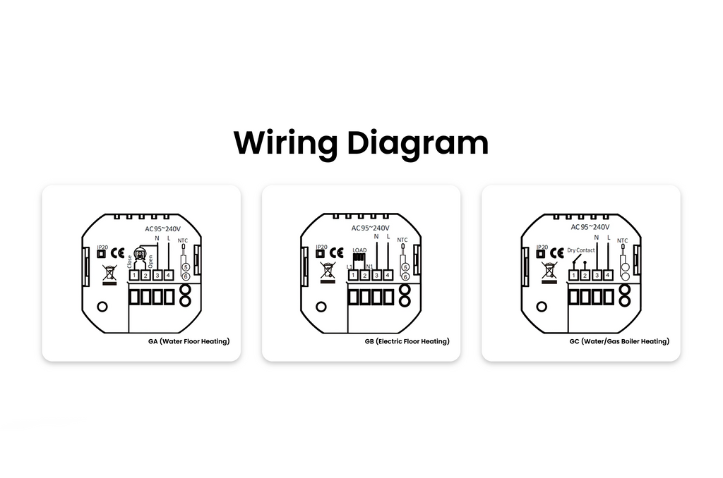 Wiring diagram for different types of heating systems on a white background