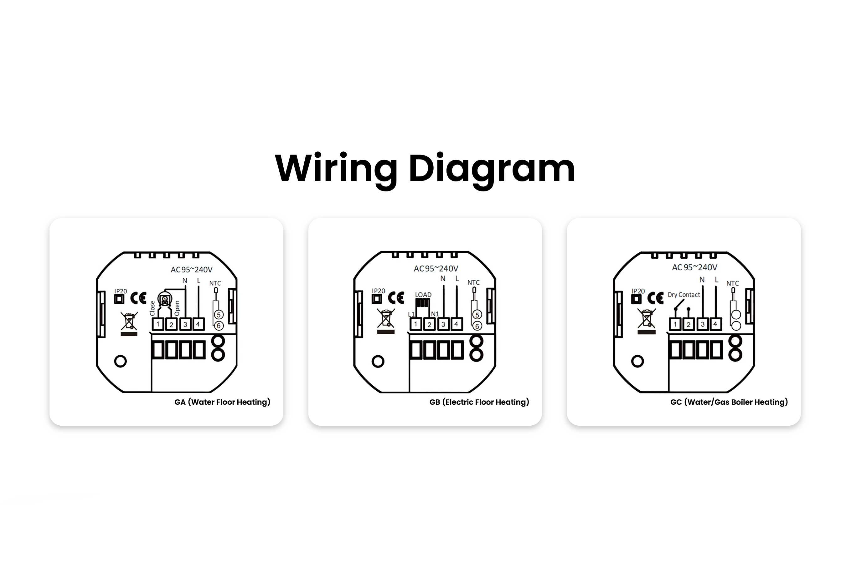 Wiring diagram for different types of heating systems on a white background