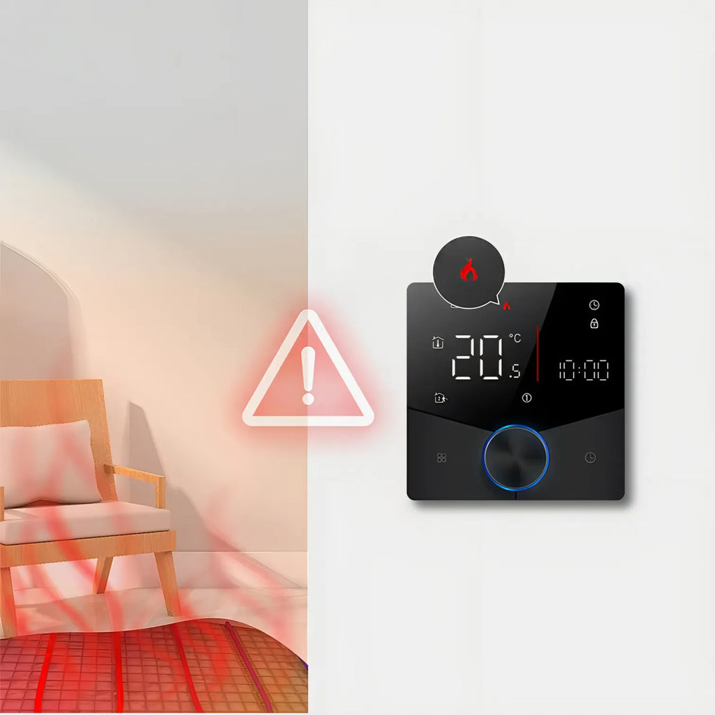 Kozenix Thermostat on a wall with a room showing overheating issues.