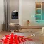 Room with a Kozenix Thermostat temperature controller displaying temperatures and heat flow arrows.