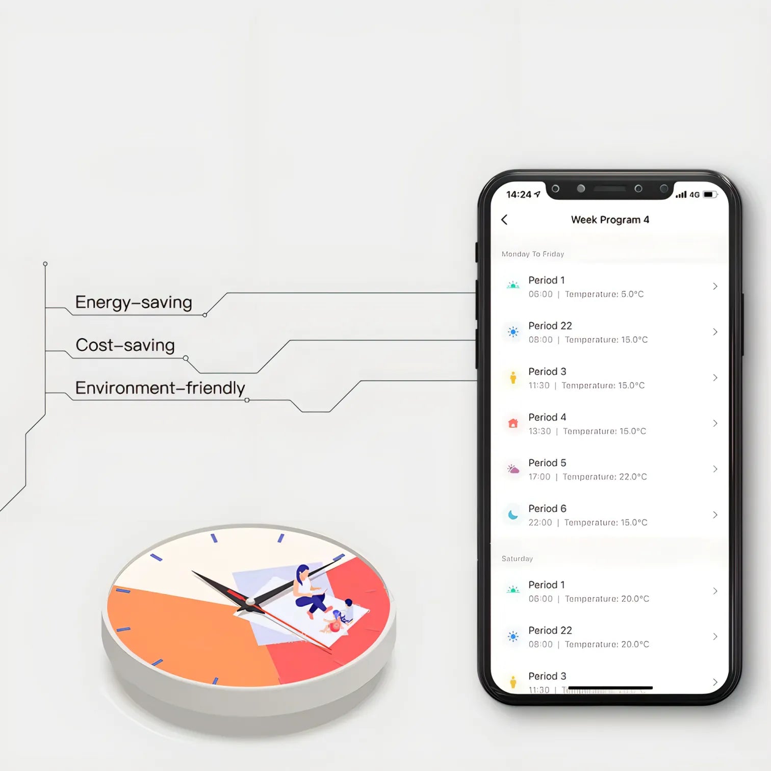 Smart clock and smartphone app on a white background