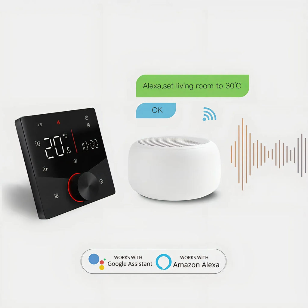 Smart Kozenix Thermostat and speaker with text indicating compatibility with Google Assistant and Amazon Alexa on a white background.