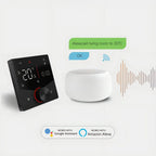 Smart Kozenix Thermostat and speaker with text indicating compatibility with Google Assistant and Amazon Alexa on a white background.