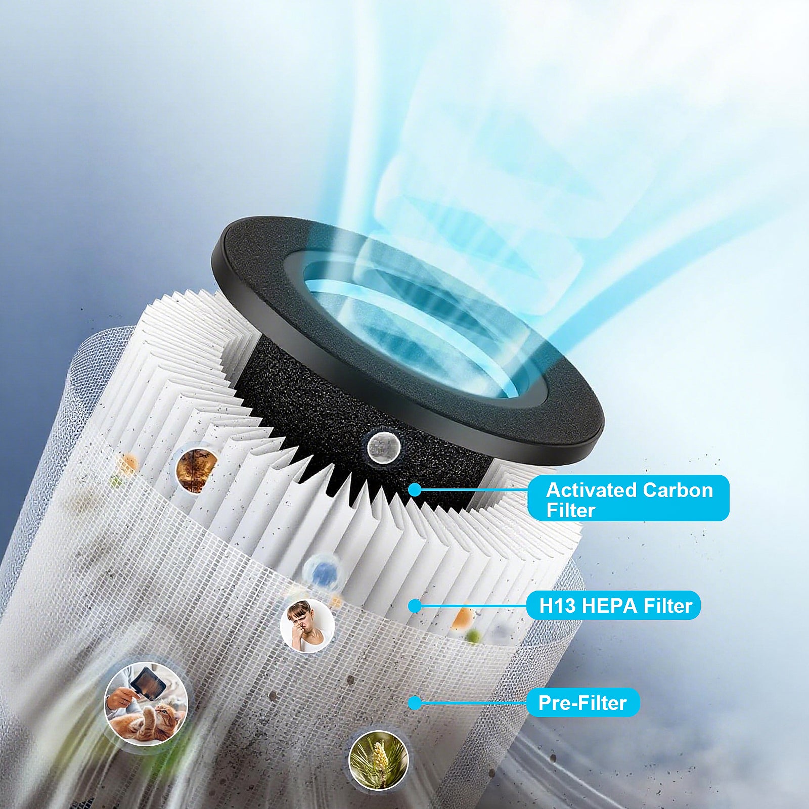Diagram of a filter with labeled components on a light blue background