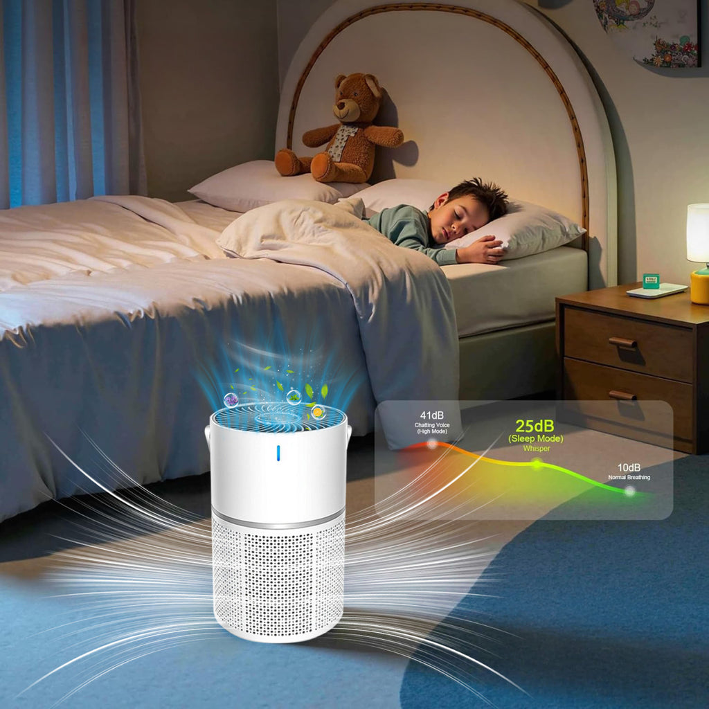 Krona Air Purifiers in a bedroom with a child sleeping, showing noise level display.