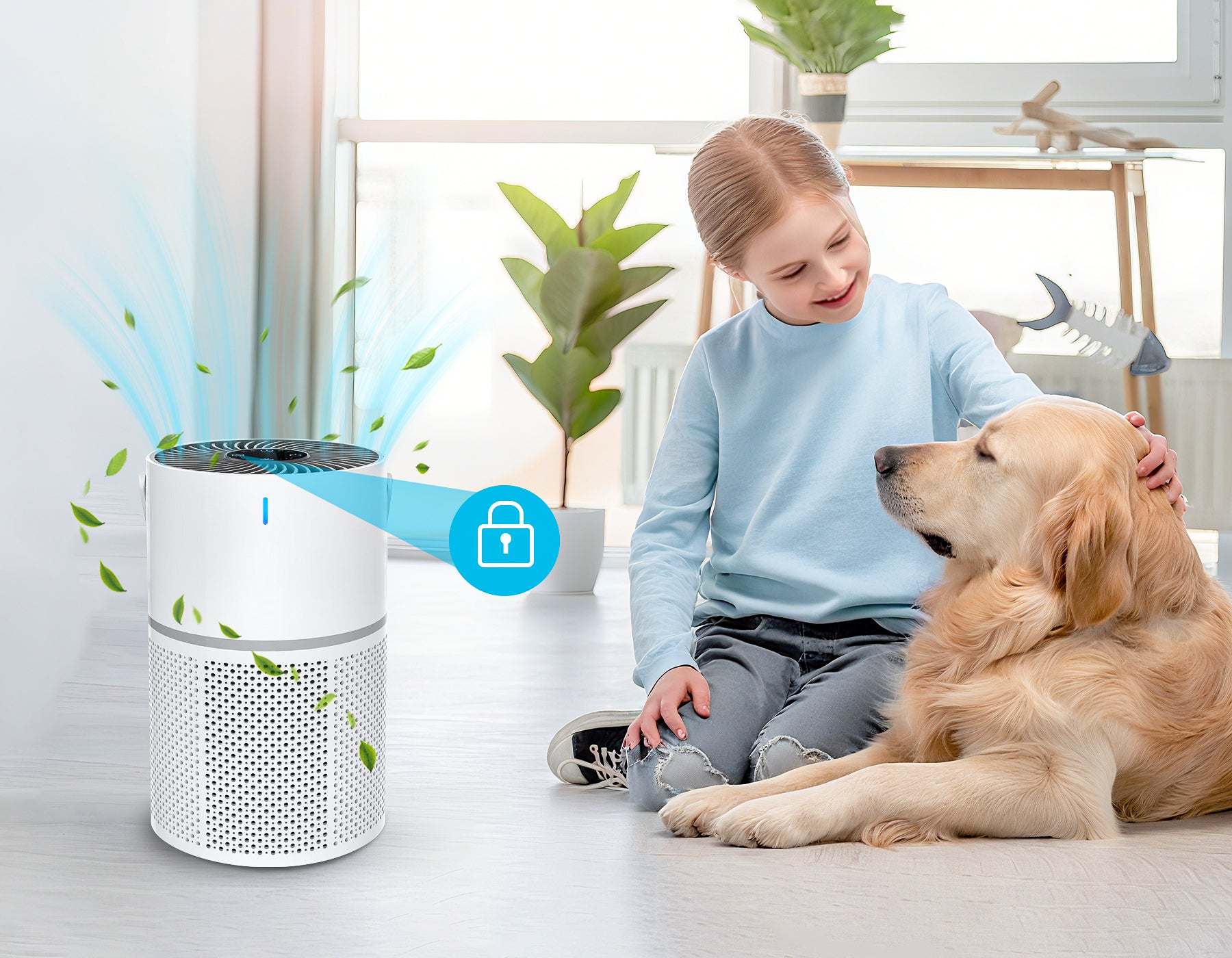 Child and dog sitting on a floor with an Krona Air Purifiers in the foreground