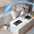Modern kitchen with a couple interacting, featuring a Krona Air Purifiers filter system.