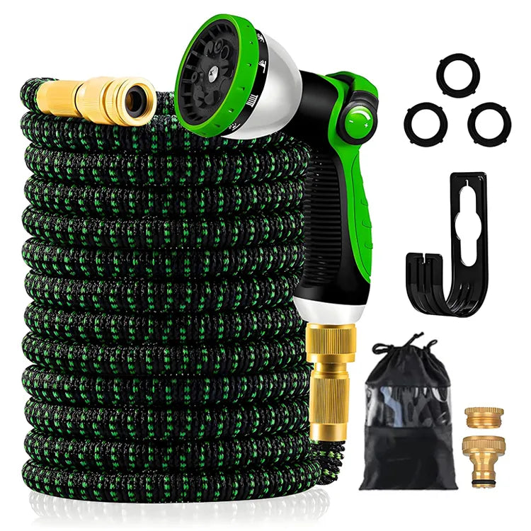Expandable Lawnora Garden Hose Pipe with spray nozzle, connectors, and storage bag on a white background
