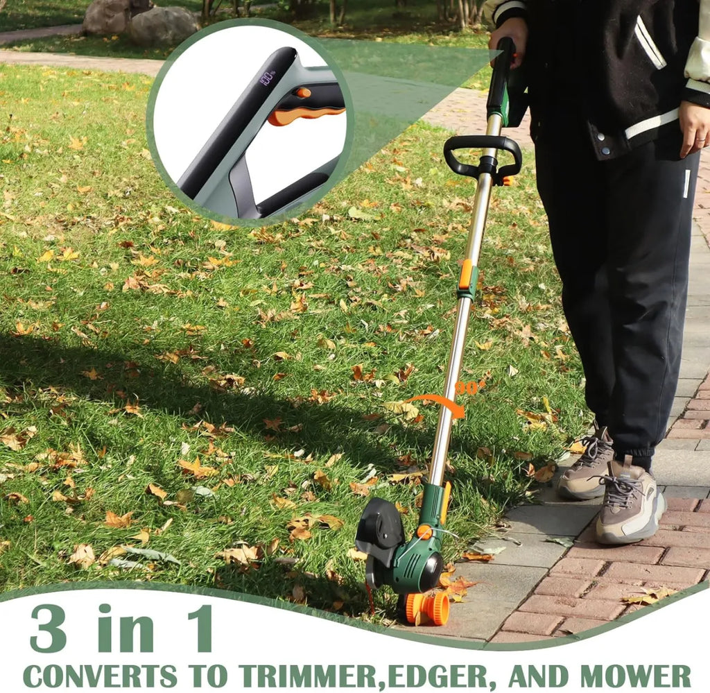 A person outdoors using a 3-in-1 string trimmer, edger, and mower attachment on grass with fallen leaves. The image includes a circular inset showing a close-up of the handle attachment and a text banner at the bottom reading '3 in 1 CONVERTS TO TRIMMER, EDGER, AND MOWER'.
