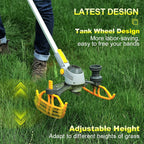 A Lawnora Cordless Grass Trimmer string being used on green grass, with a person's legs and boots partially visible. The product has a white handle, gray engine housing, and bright yellow protective guard and handle accents.