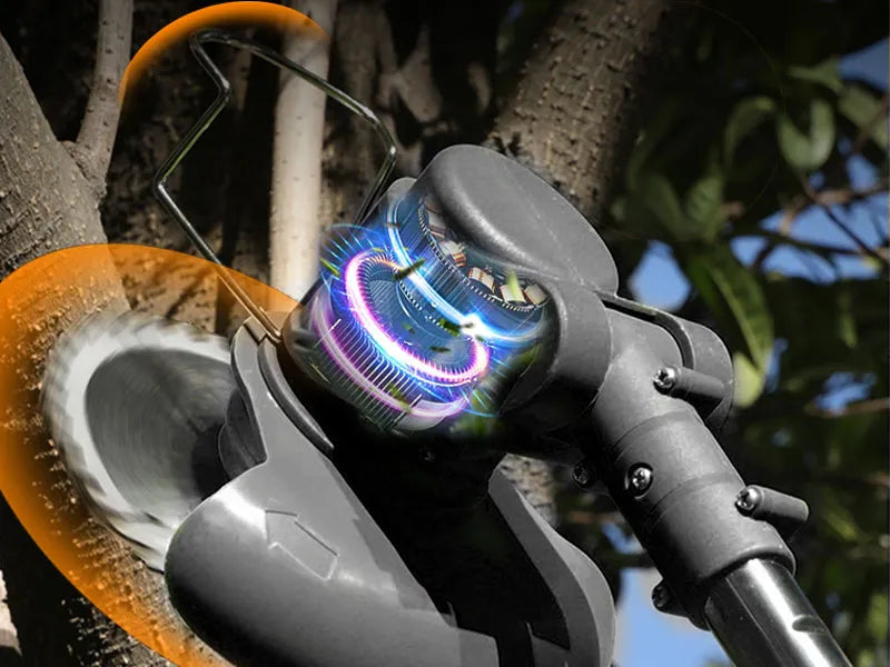A close-up of a string Lawnora Cordless Grass Trimmer attachment with a gray motor housing, orange blade guard, and spinning cutting head, shown outdoors against tree bark and leaves.