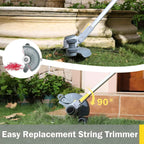 A string Lawnora Cordless Grass Trimmer attachment shown in a split outdoor demonstration: one top view cutting grass near a stone planter, and one lower view showing the head angled 90 degrees with a yellow arrow. An inset circle highlights the replaceable head and a small pile of red debris.