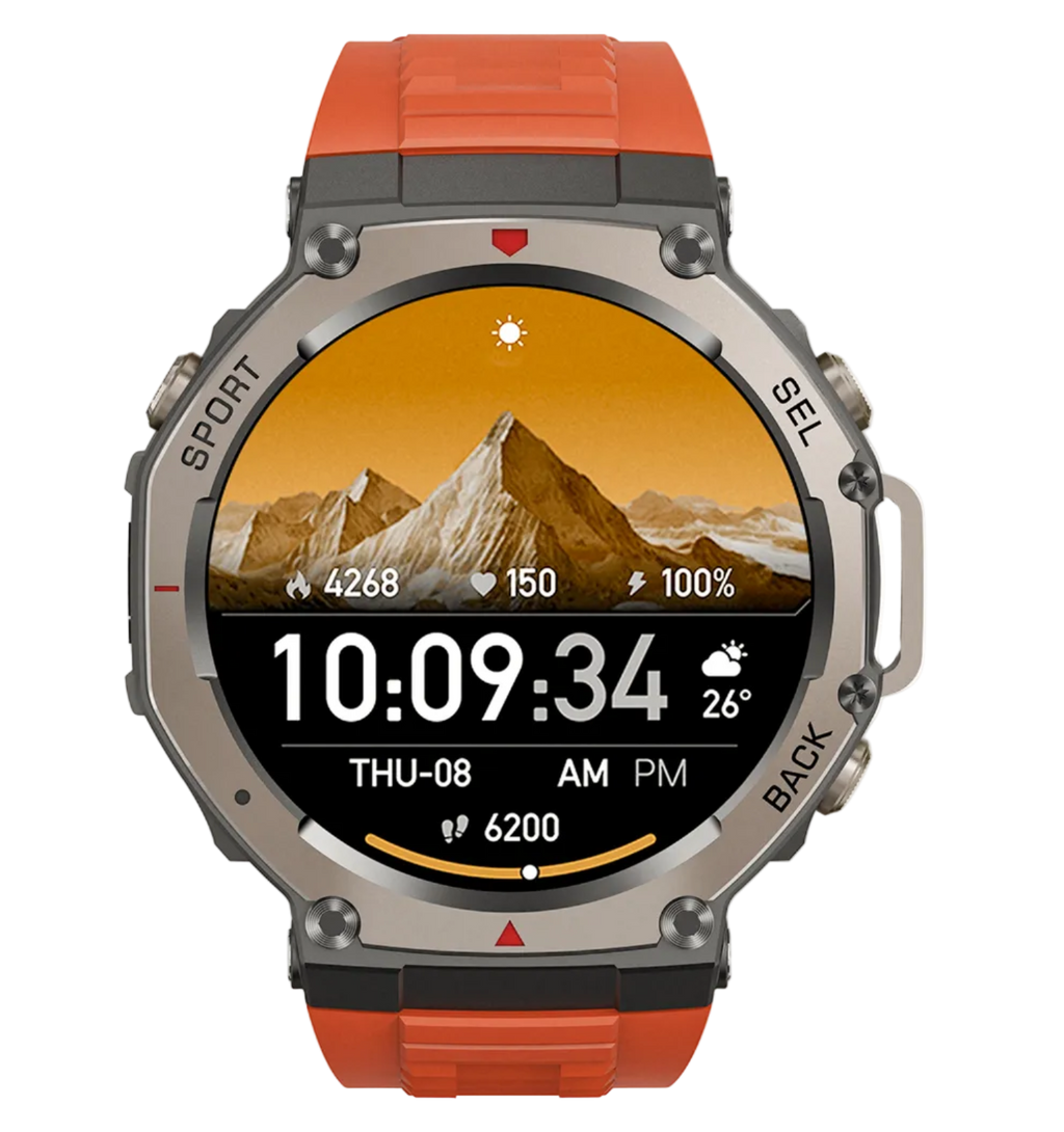 Lumivo Sports Smartwatch with orange band and mountain display on a white background