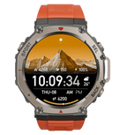 Lumivo Sports Smartwatch with orange band and mountain display on a white background