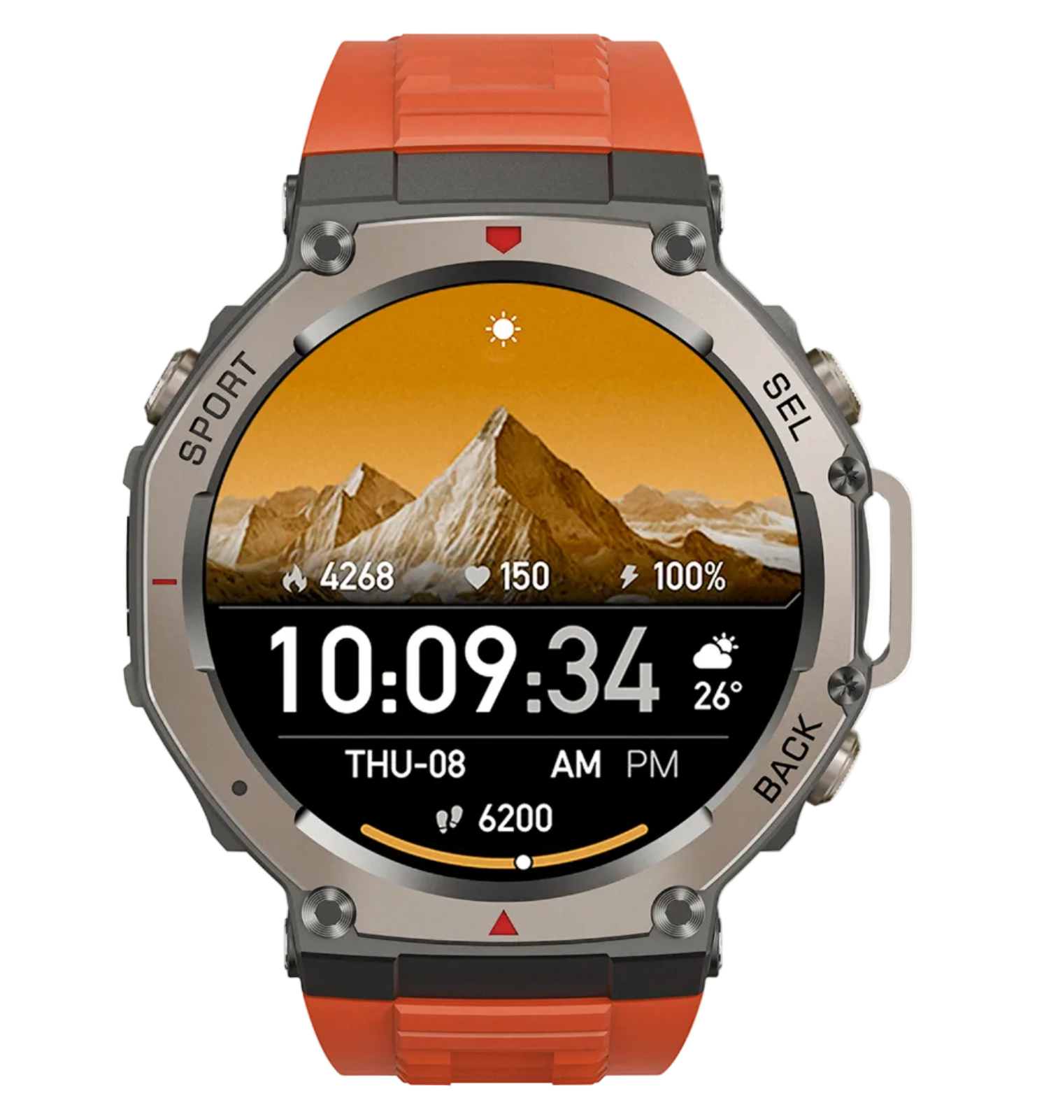 Lumivo Sports Smartwatch with orange band and mountain display on a white background