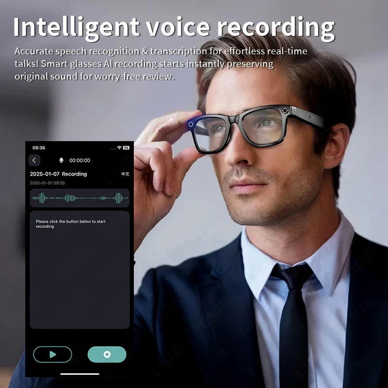 Man wearing Korons Smart Glasses
 with an app interface on a smartphone displaying intelligent voice recording features.