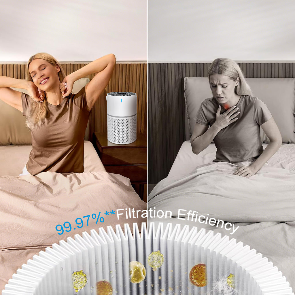 Woman using a Marvics Air Purifiers in a bedroom with text indicating filtration efficiency.